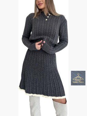 Cable Knit 2 Piece Outfit Polo Sweater and Pleated Mini Skirt Set